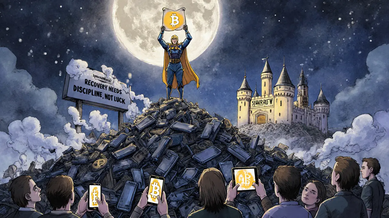 Hero on mountain of broken tech holding glowing descriptor, crowd losing Bitcoin, safe castle in distance.