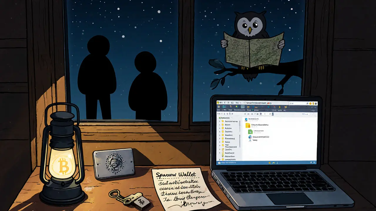 Nighttime desk with metal key plate, USB drive, printed descriptor, and open laptop showing wallet.