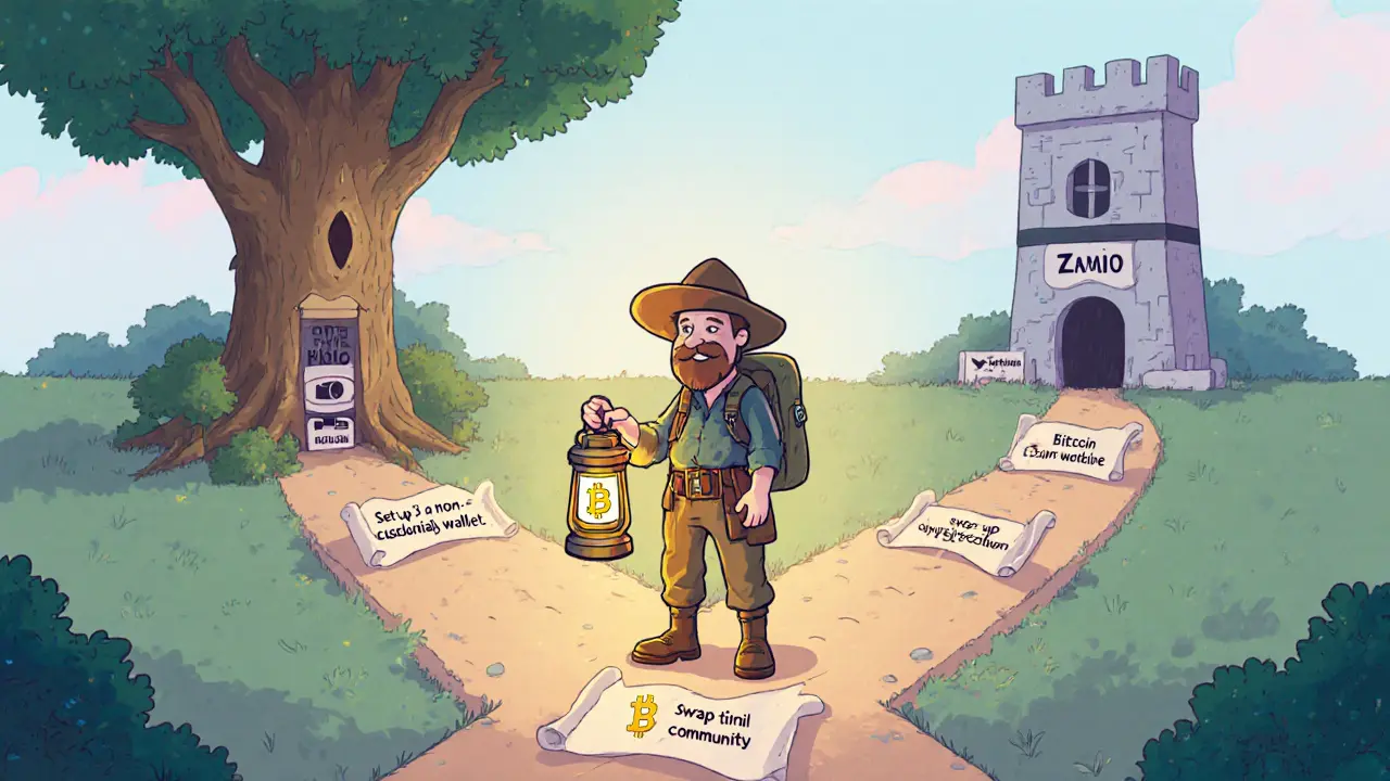 A cautious explorer at a crossroads choosing between stable assets and the risky Zamio path.