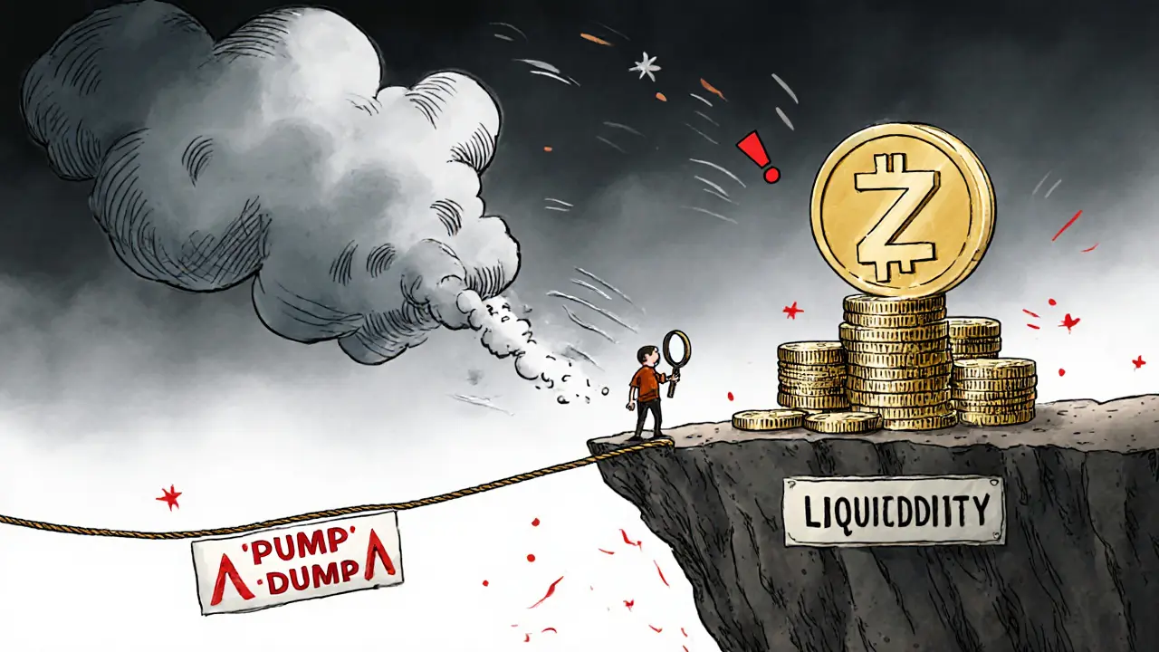 A cliffside marketplace showing token allocation piles, thin liquidity rope, and pump‑and‑dump danger signs.