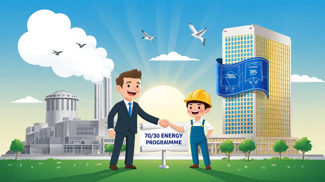 Bright scene of an investor and miner shaking hands in front of a power plant and AIFC building, illustrating the 70/30 programme.