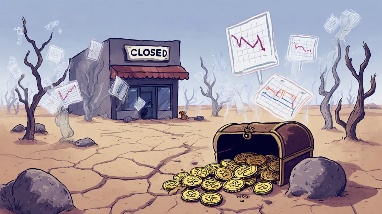 Broken chest spills MGOD tokens on cracked ground with ghostly market charts.