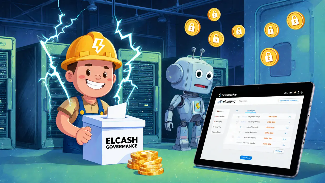 Cartoon miner with ASICs, voting box, and wallet showing staking.