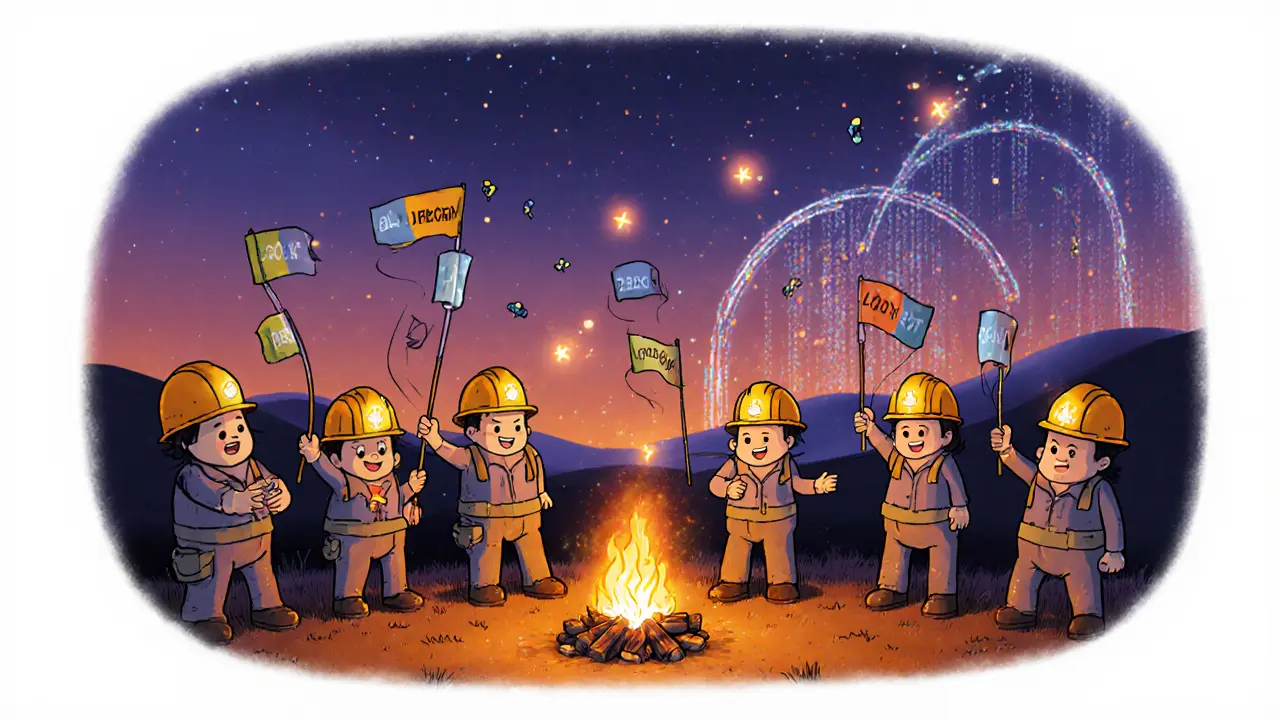 Cheerful miners wave version‑bit flags as a meter shows soft fork activation.