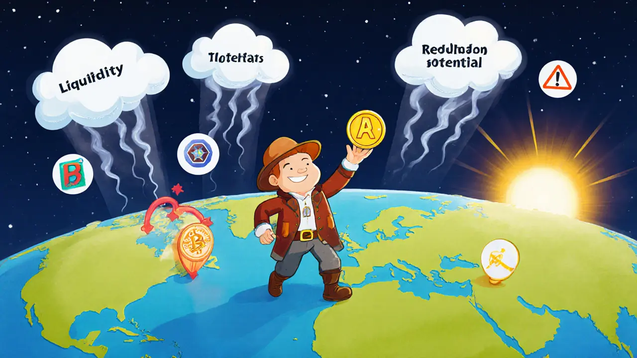 Explorer holding a tiny WARS coin on a whimsical GameFi map showing risks and opportunities.