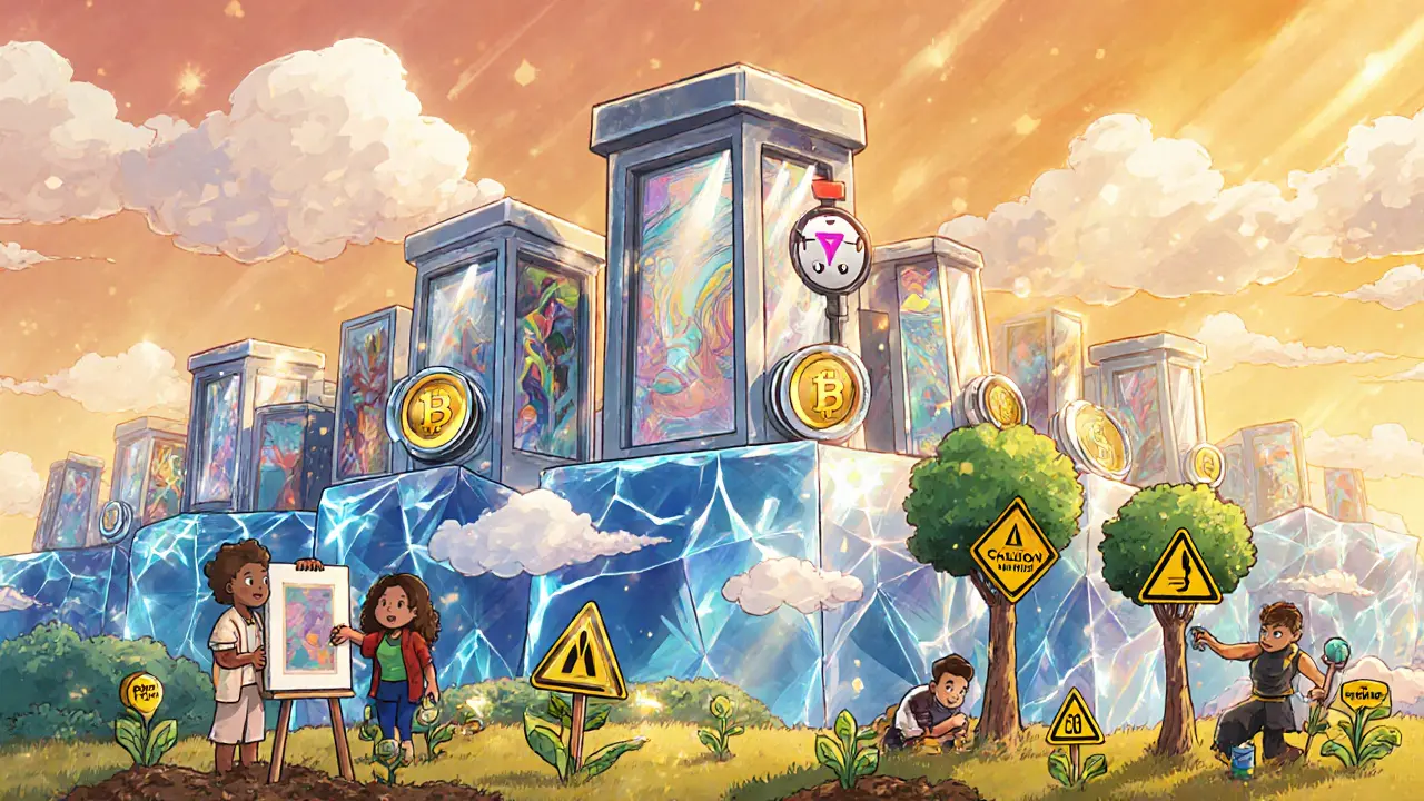 Futuristic city of token‑gated galleries showing artists planting seedling tokens.