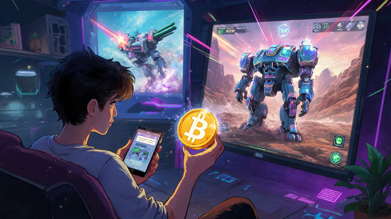 Gamer upgrading a Mech NFT while holding a WARS token, with PvP and PvE scenes behind.