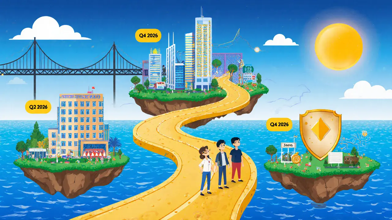 Golden path through a whimsical city showing roadmap milestones for cross‑chain bridges and synthetic assets.
