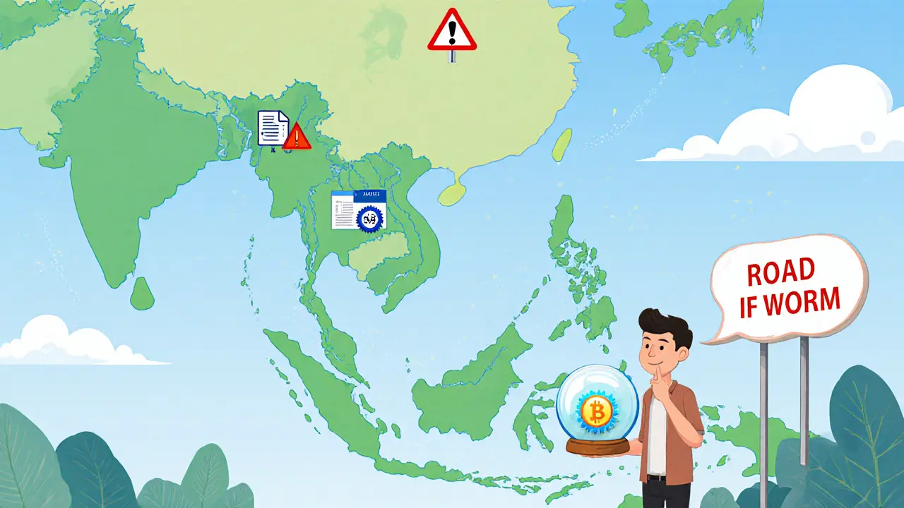Illustration of Vietnam&#039;s crypto fine outlook with map comparison and tax symbols.
