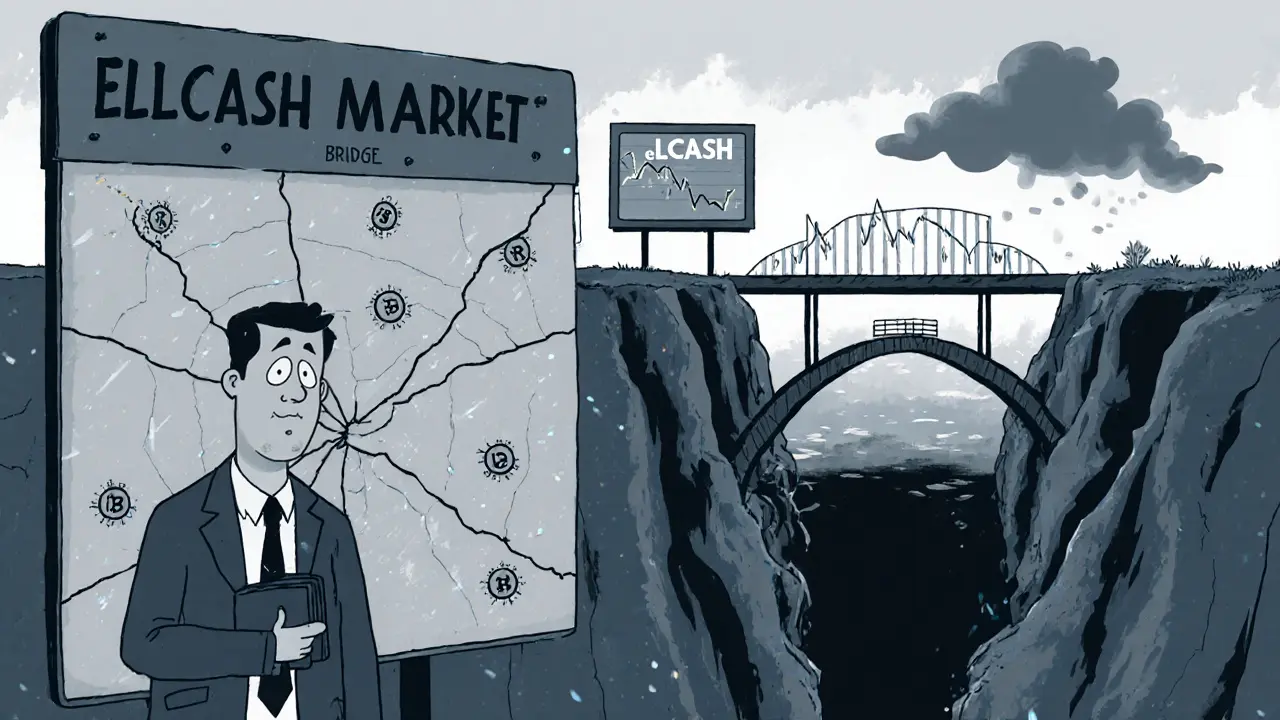 Investor near cracked exchange board and collapsing wELCASH bridge.