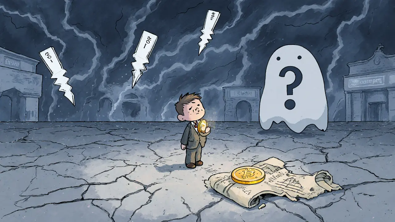 Investor on a deserted trading floor under stormy price lightning, holding a Neurotoken.