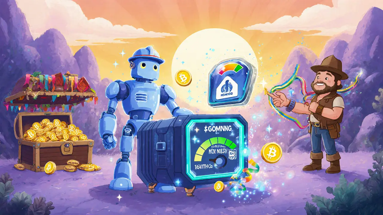 Miner robot with digital miner, $GOMINING tokens, bonus miner badge, and Bitcoin chest.