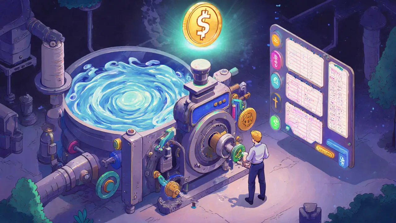 Steampunk‑style machine mixing an AMM pool vortex and floating order‑book ledgers with a glowing $F token.