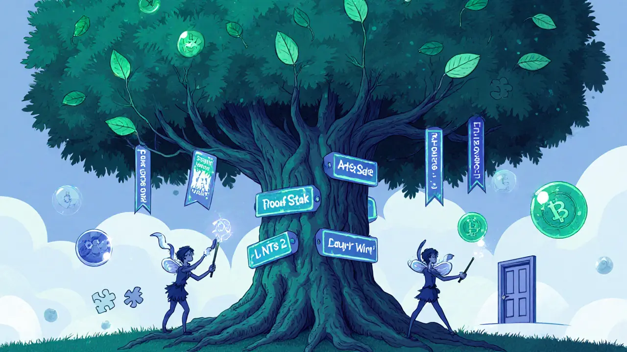 Storybook tree of blockchain with artists minting NFTs and utility token orbs.