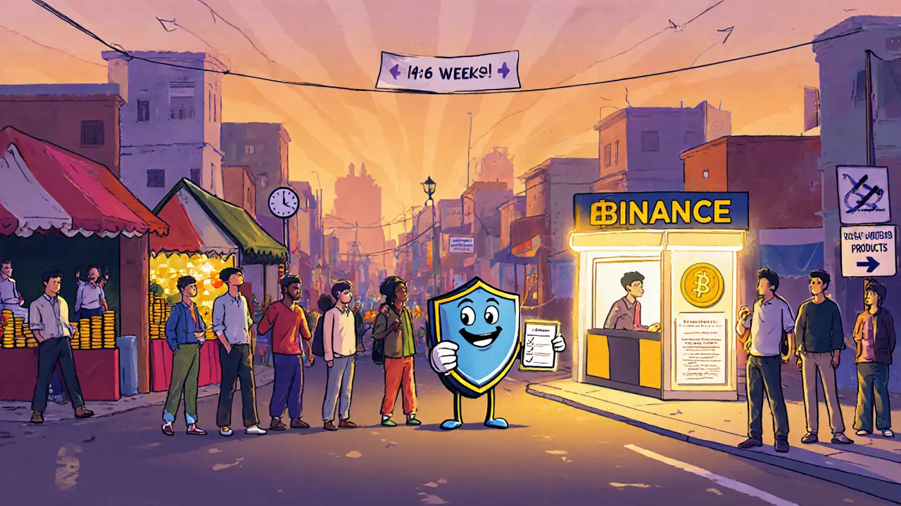 Syrian market with crypto wallets and friendly compliance mascot guiding users.