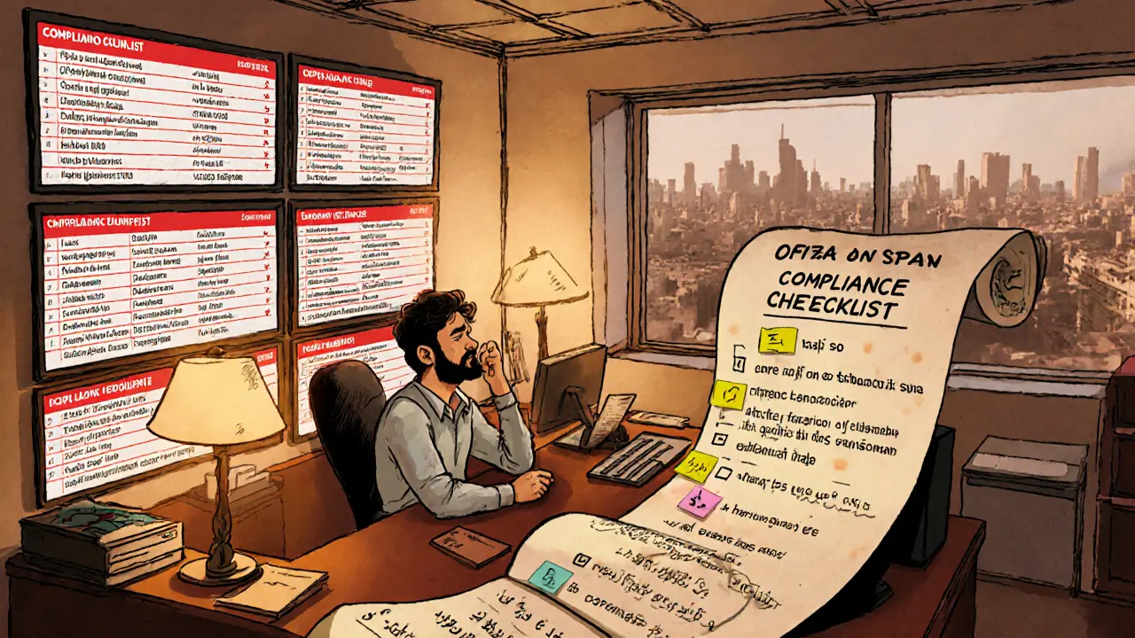 Syrian office with compliance maze and red‑highlighted SDN list in cartoon illustration.
