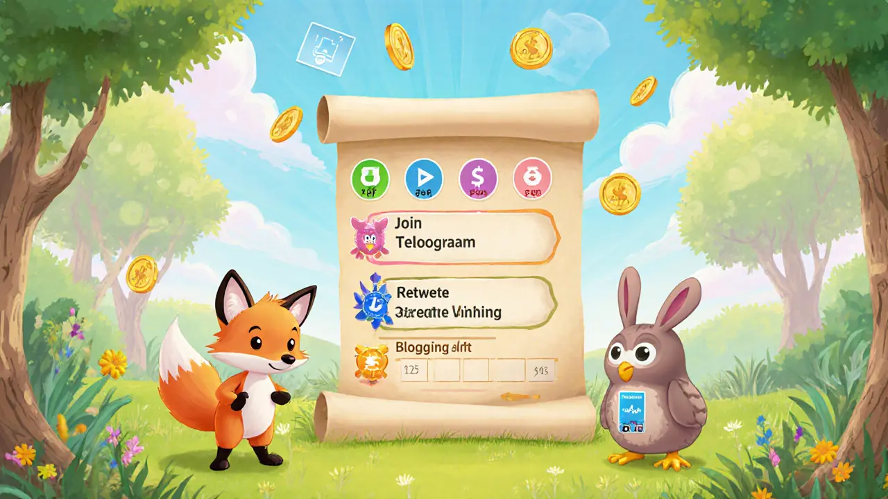 Three cartoon characters completing Zealy quests with leaderboard and floating tokens.