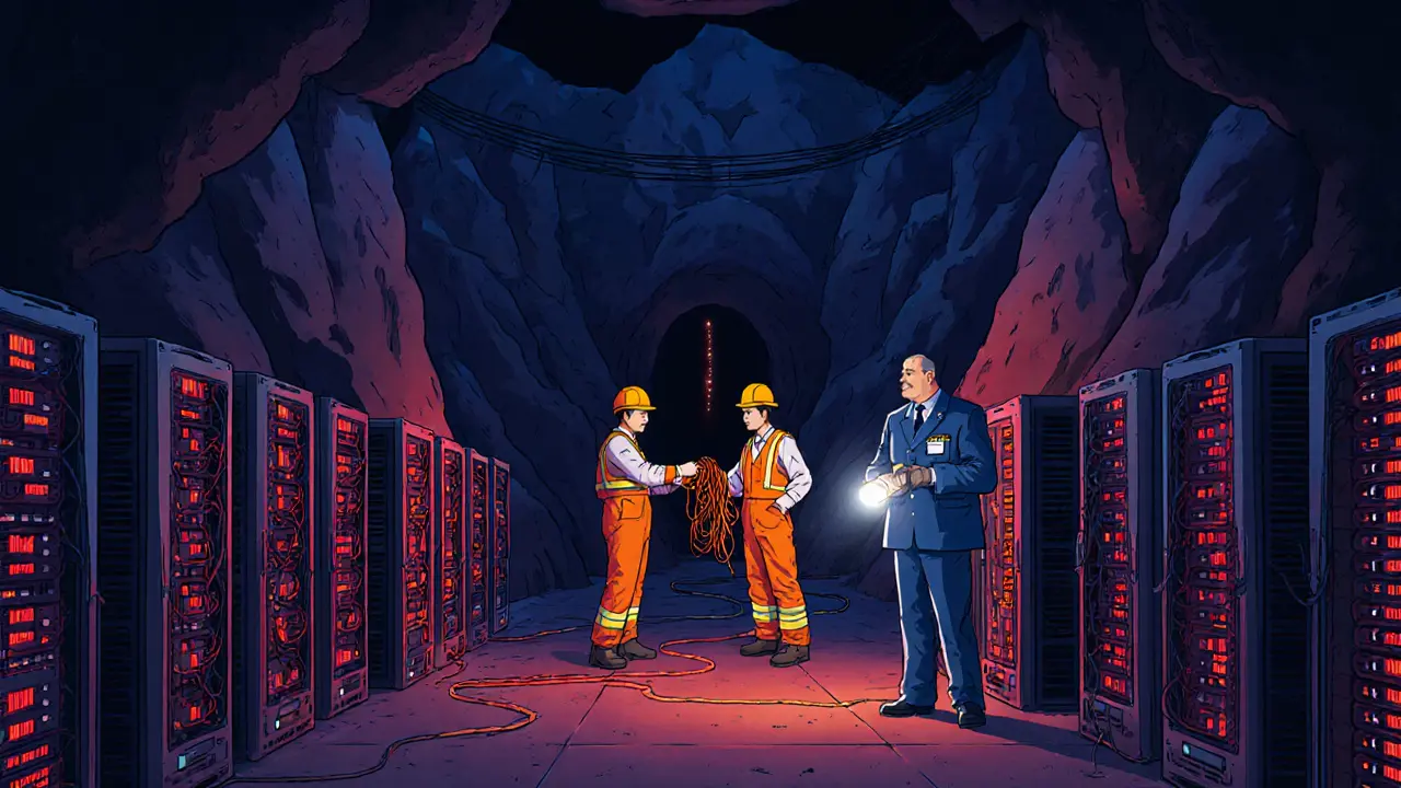 Underground illegal crypto farm with ASIC rigs, corrupt workers handing stolen power, and investigators discovering the operation.