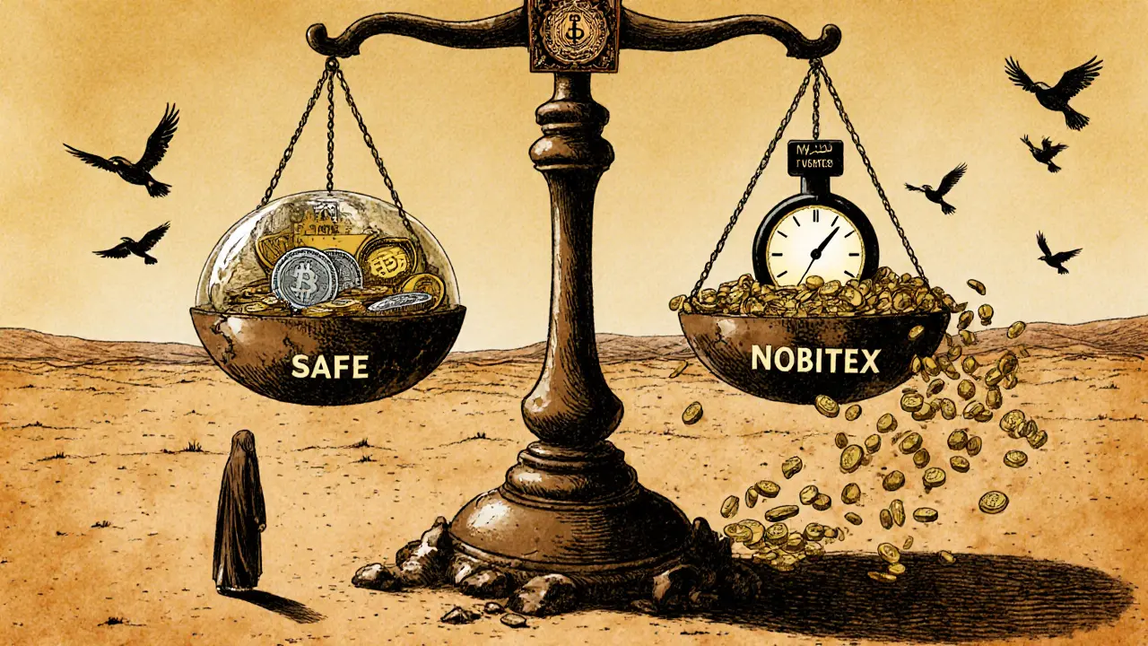 A balance scale with safe DAI coins on one side and a ticking bomb of USDT on the other, under a shadowy bank stamp.