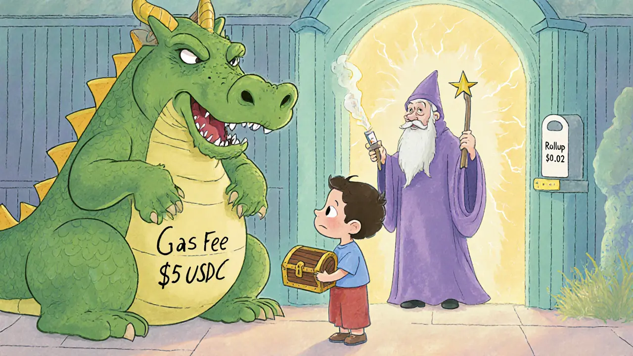 A child faces a dragon demanding high gas fees, while a wizard offers a tiny-cost portal to a better solution.