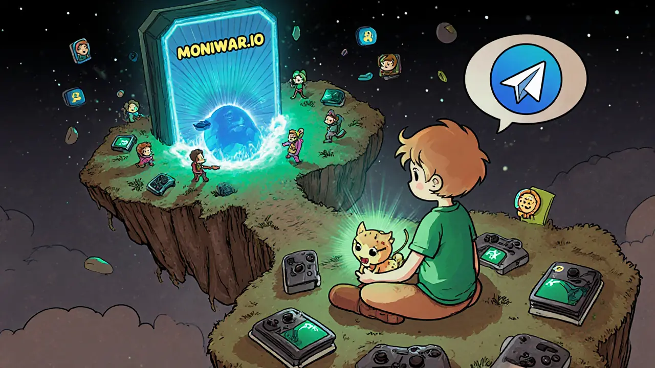 A child sits on a floating island of game items, holding a glowing NFT pet that shines toward a portal.