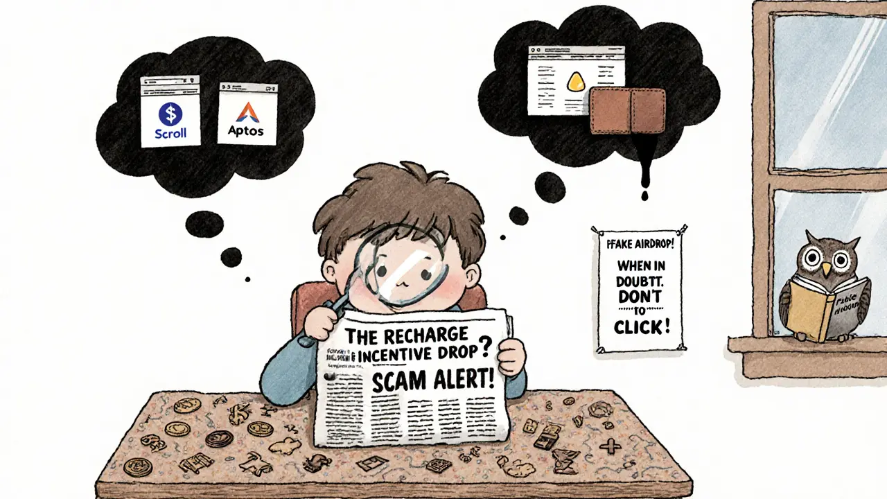A child using a magnifying glass to uncover a scam article, surrounded by thought bubbles of safe airdrops and a dark warning cloud.