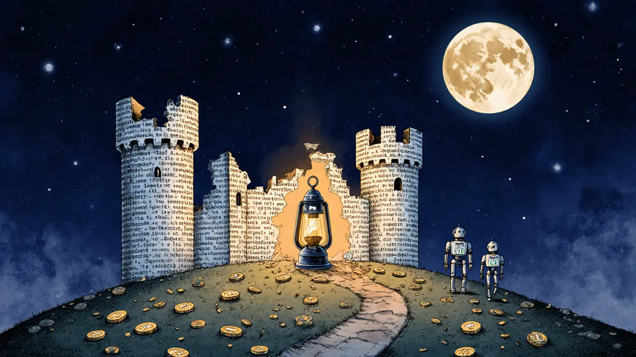 A crumbling blockchain castle with collapsed towers stands under a flickering lantern.