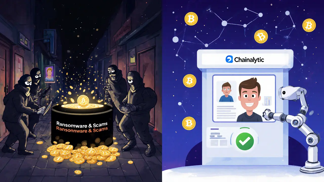 A dark alley of anonymous crypto trades contrasts with a bright verification kiosk where AI approves a user, icons of security tools glowing above.