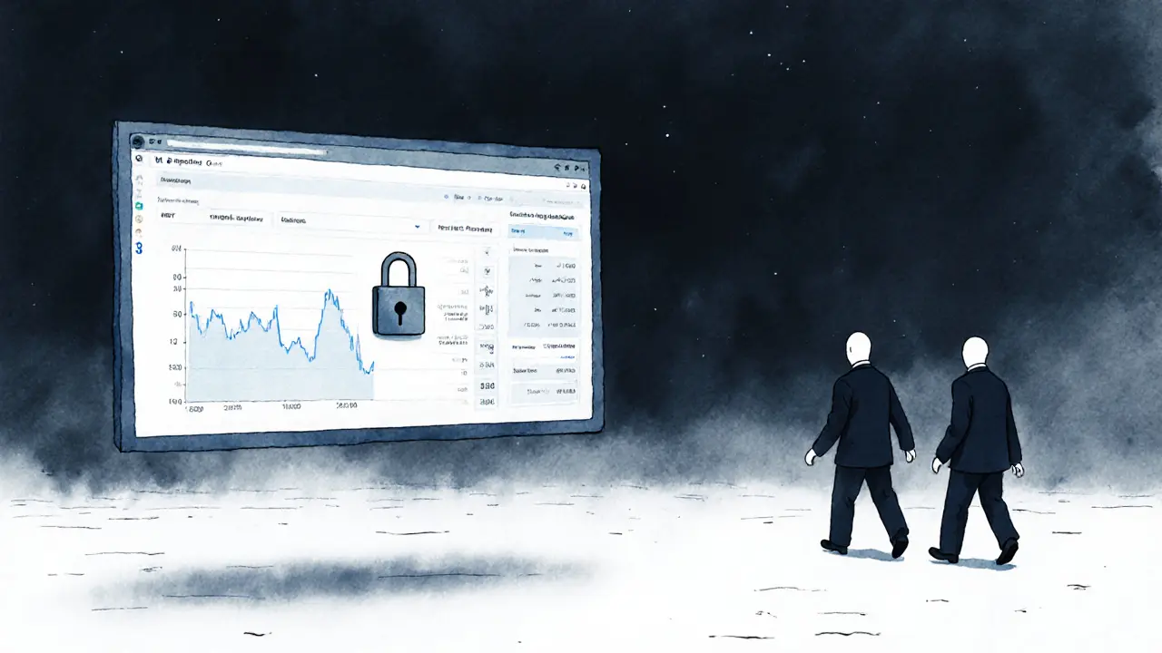 A digital dashboard shows zero volume as faceless figures walk away into darkness.