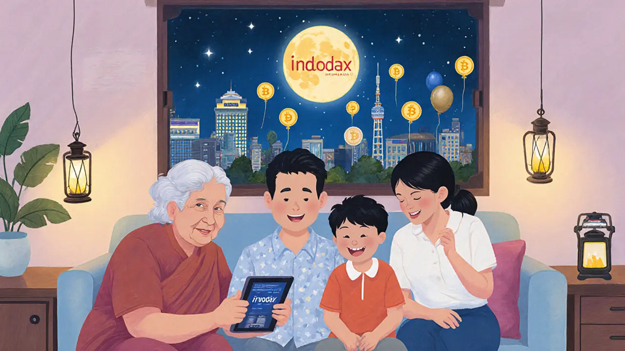 A family together in a cozy room, staking and checking crypto on Indodax, with a moon shaped like the Indodax logo glowing outside the window.