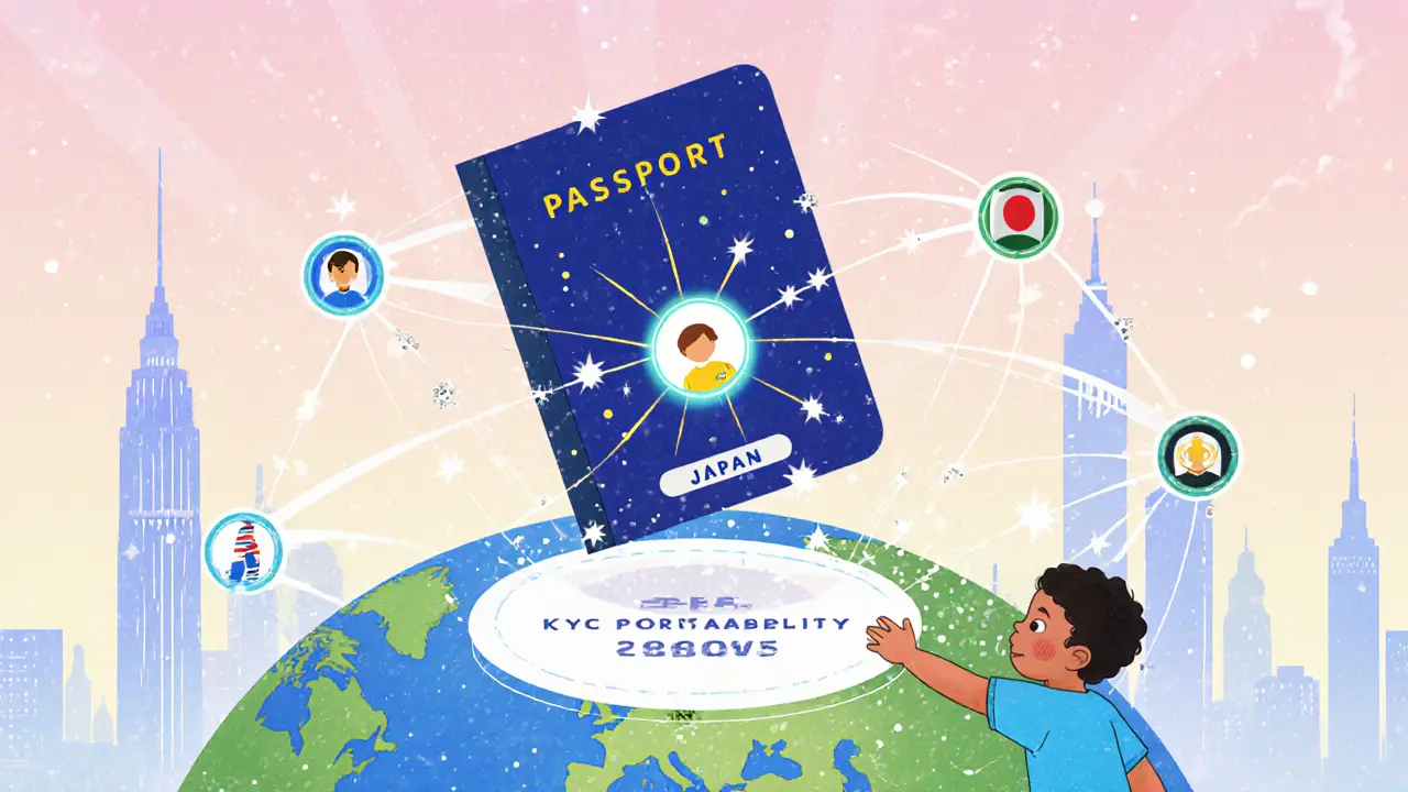 A floating passport connects global nodes with verified identity symbols, a child places their ID into a portal labeled KYC Portability 2025.