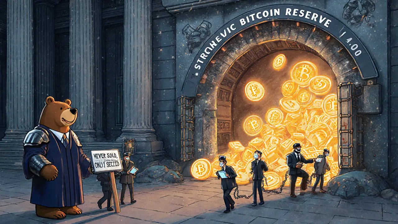 A glowing Bitcoin vault under the Treasury guarded by a bear judge, with criminals being led away.