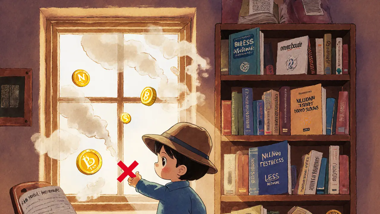 A library shelf with real airdrop books, an empty space marked with an X where LESS Network should be.