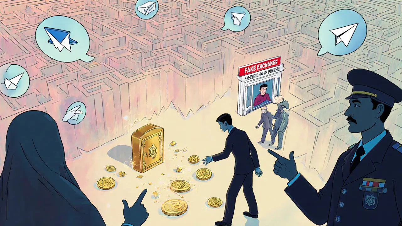 A maze of Telegram trades leads to a pit of scams, while a lone figure reaches for a cold storage wallet.