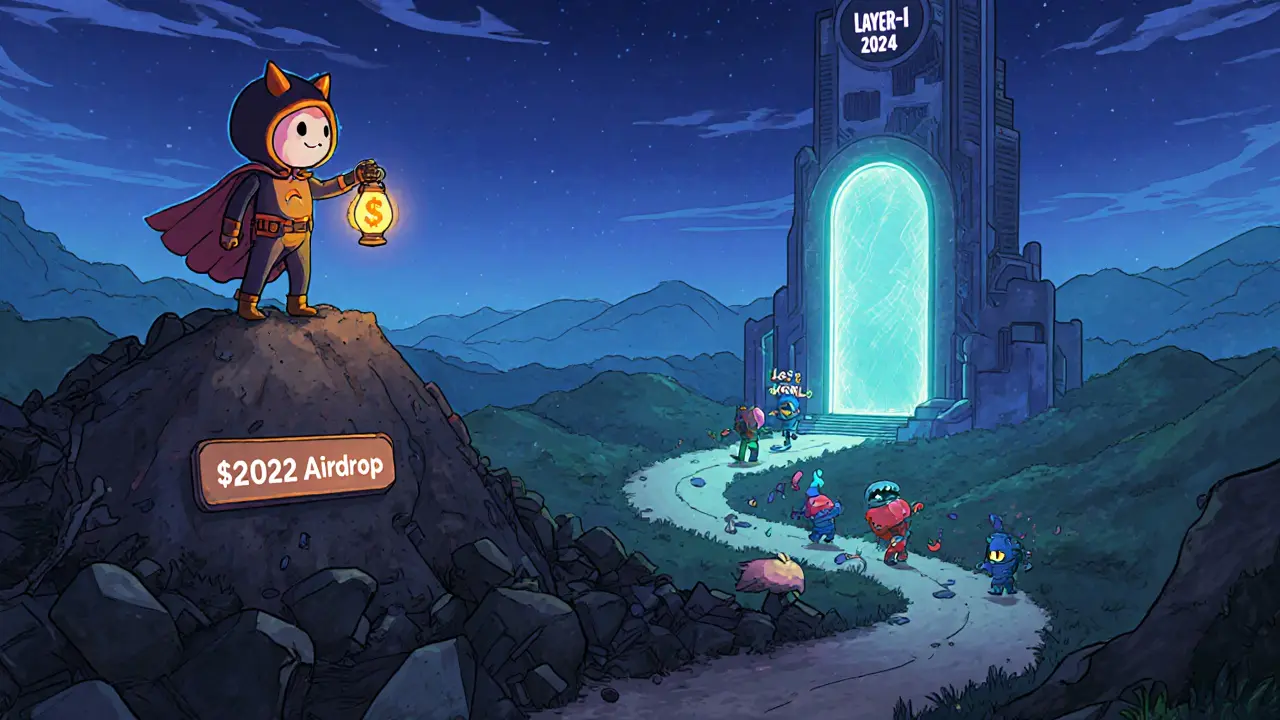 A Metamon wearing a Potion cape stands on a mountain of old NFTs, looking toward a glowing portal and futuristic blockchain tower in the distance.