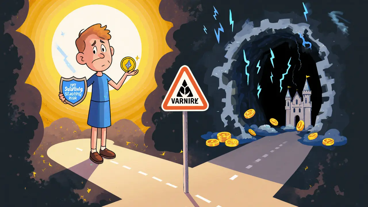 A nervous user chooses between a safe path with a reward fairy and a stormy risk tunnel labeled &#039;Slashing&#039; in a storybook crossroads scene.