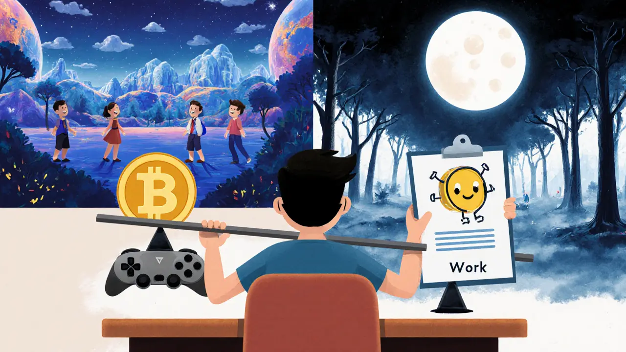 A player balances a controller labeled &#039;Fun&#039; against a clipboard labeled &#039;Work&#039;, with split landscapes of traditional and blockchain gaming behind them.