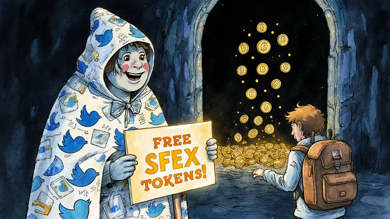 A scammer in a tweet-cloak lures a wallet-carrying adventurer toward a portal draining crypto coins.