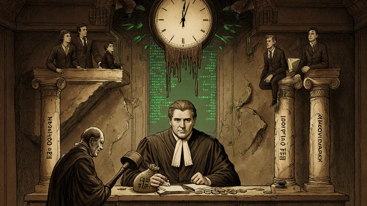 A surreal courtroom trial inside a blockchain ledger, with an attacker facing a crumbling DeFi protocol.