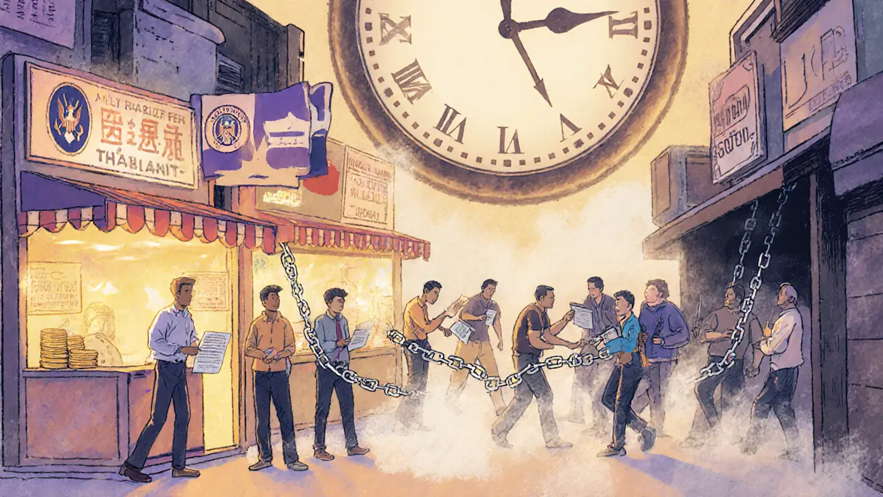 A surreal marketplace where only licensed crypto exchanges glow, while unlicensed ones vanish into mist.