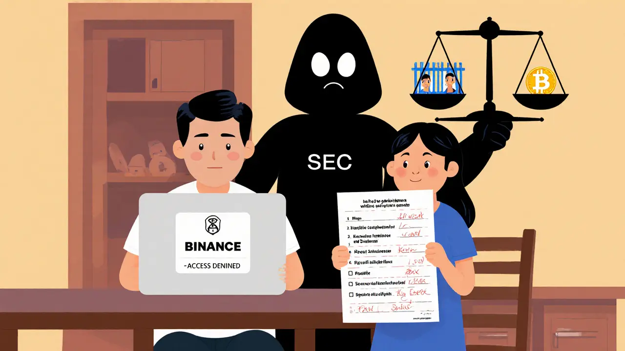 A Thai family faces a mountain of KYC paperwork while a shadowy SEC figure watches from behind.