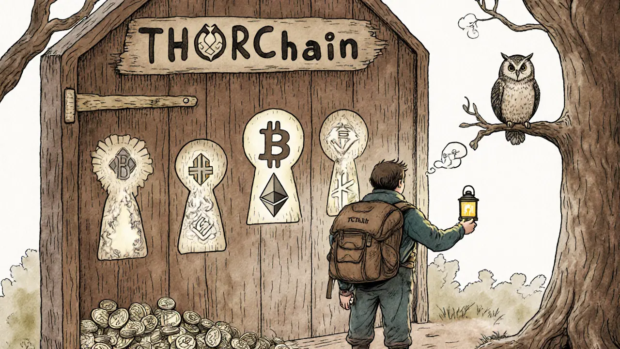A traveler approaches a door with seven crypto keyholes, guided by a wise owl in a storybook scene.