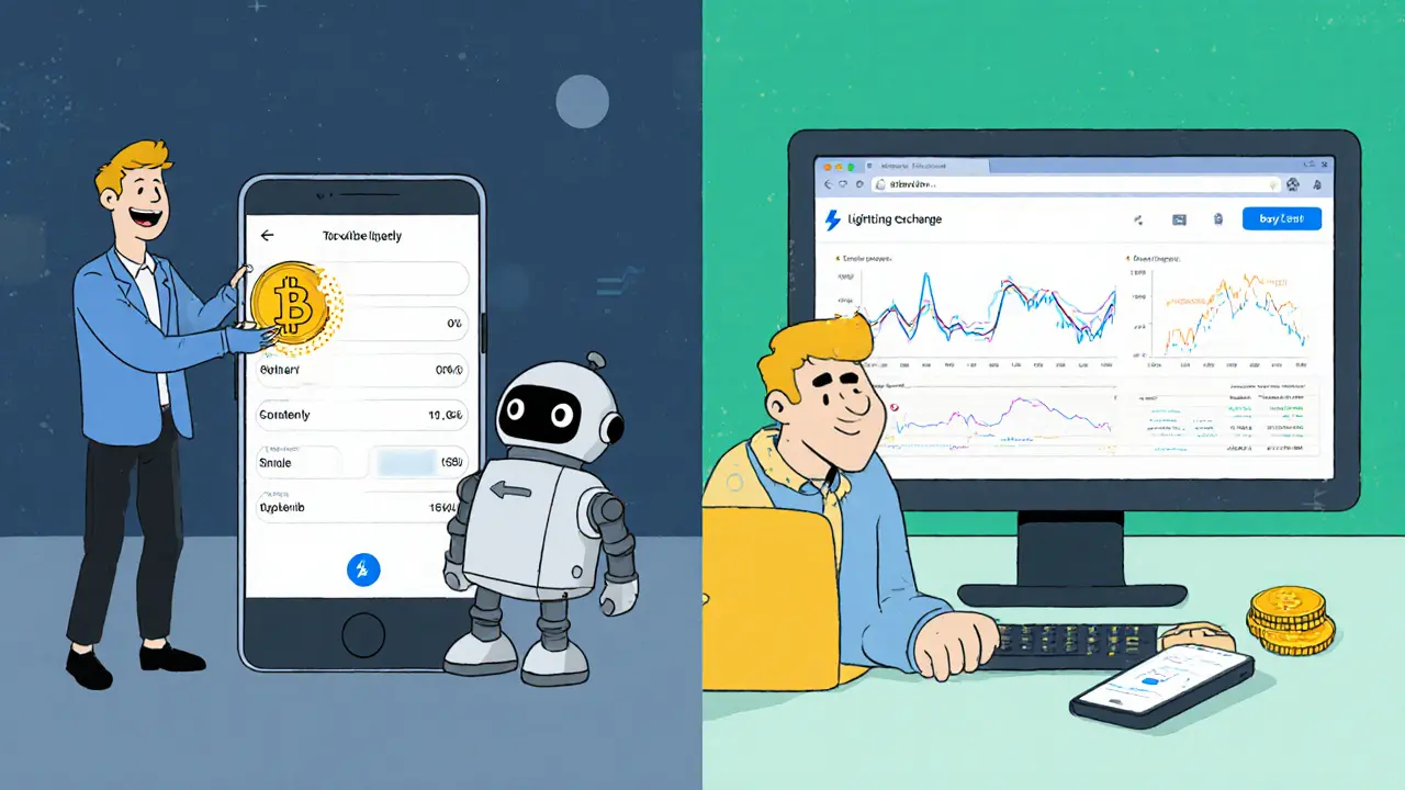 A user setting up automated Bitcoin buys on a simple app, while a complex trading interface appears on desktop.