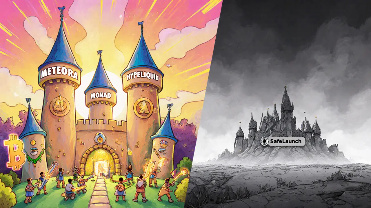 A vibrant crypto kingdom thrives while a crumbling castle labeled SafeLaunch fades into dust.
