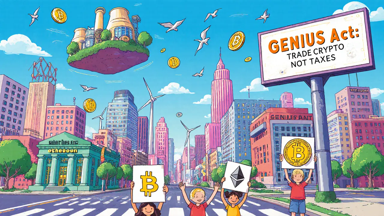 A vibrant futuristic U.S. city with crypto banks, green mines, and flying coins under a GENIUS Act billboard.
