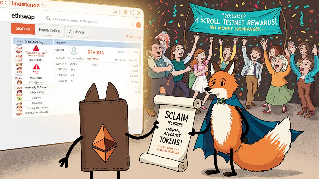 A wallet character being tricked by a fox in a fake Uniswap cape, while other wallets celebrate a real airdrop nearby.