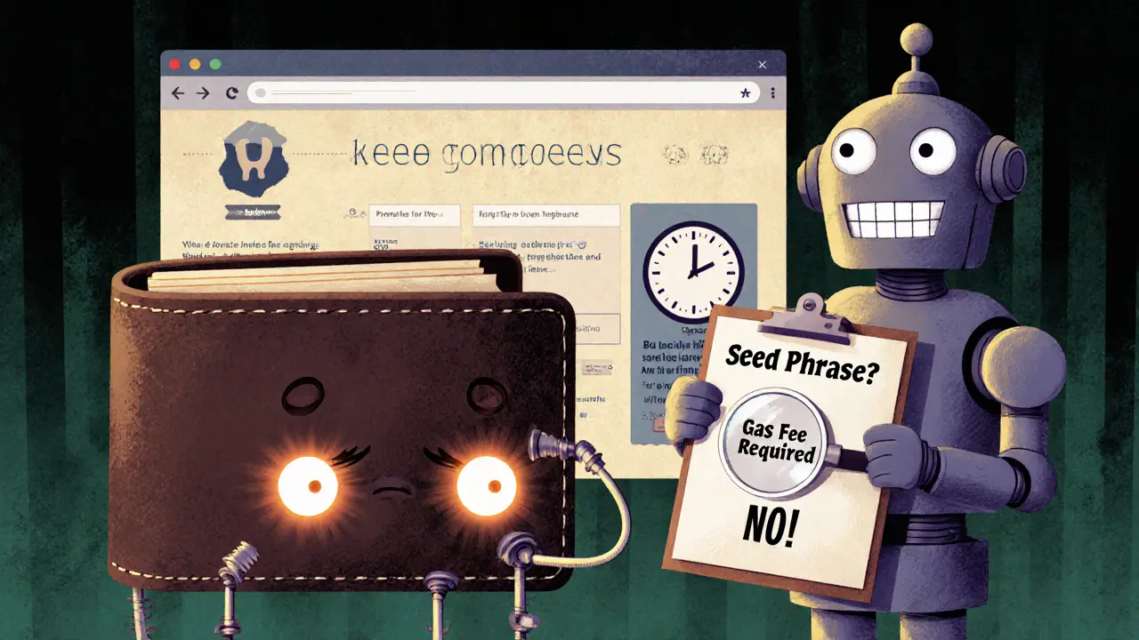 A worried wallet connected to a robot demanding fees, surrounded by fake airdrop website elements.