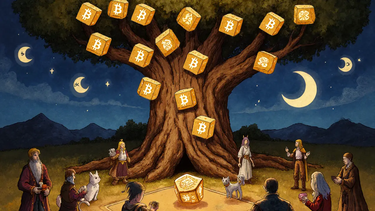 An ancient tree with blockchain bark bears 99 glowing fruits, while players trade pets below in a fantasy world.