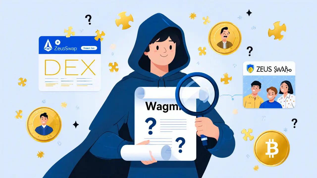 An explorer examining a mysterious Wagmi smart contract with missing pieces and no security seals.