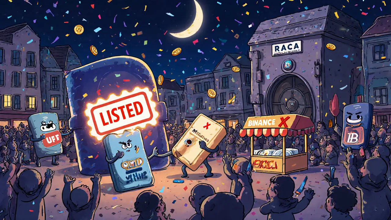 Cartoon wallets in a town square, some being rejected by a &#039;LISTED&#039; stamp while others receive falling tokens from an airdrop vault.